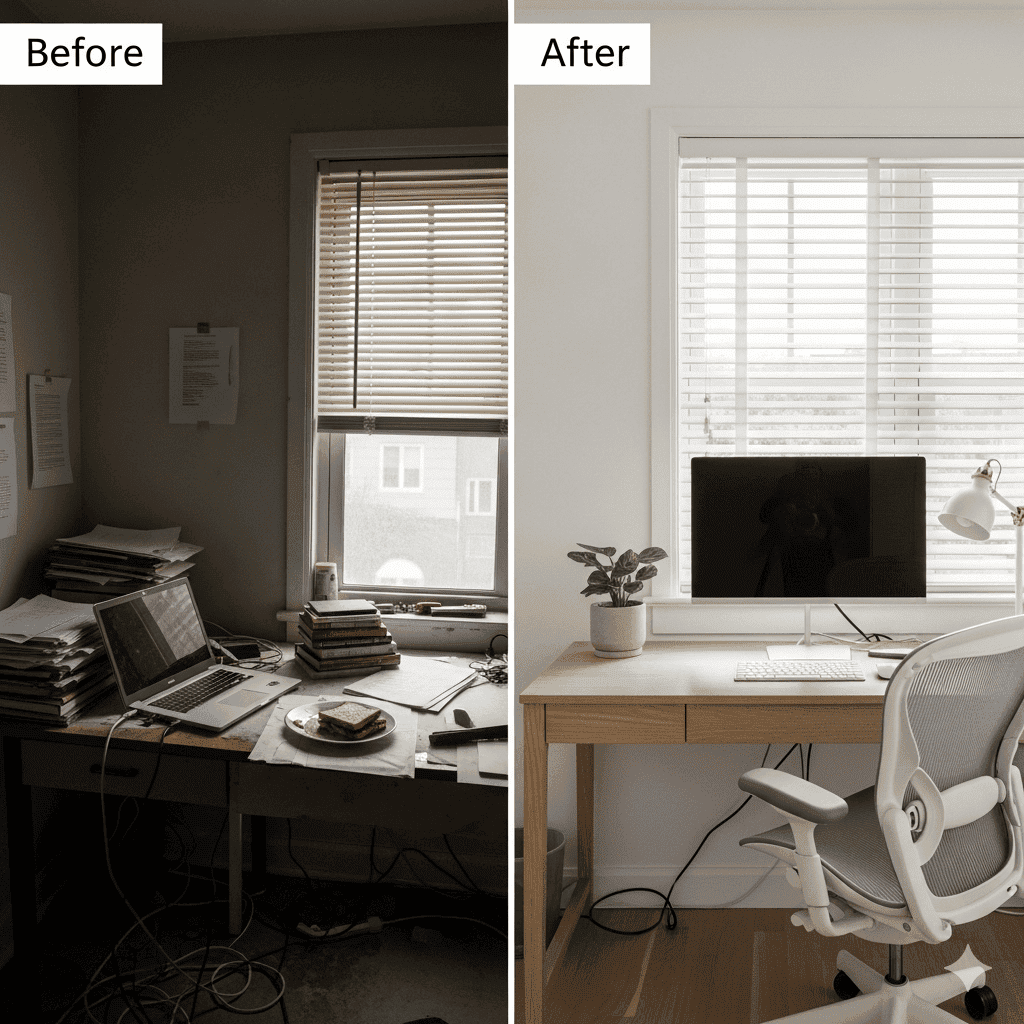 A before and after shot of a home repair.