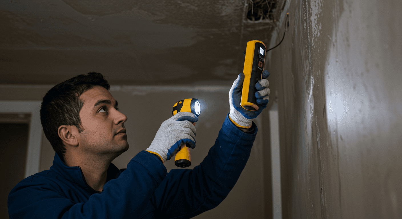 A handyman using a flashlight and moisture meter to inspect a damp wall or ceiling for hidden water leaks in a Manta apartment.