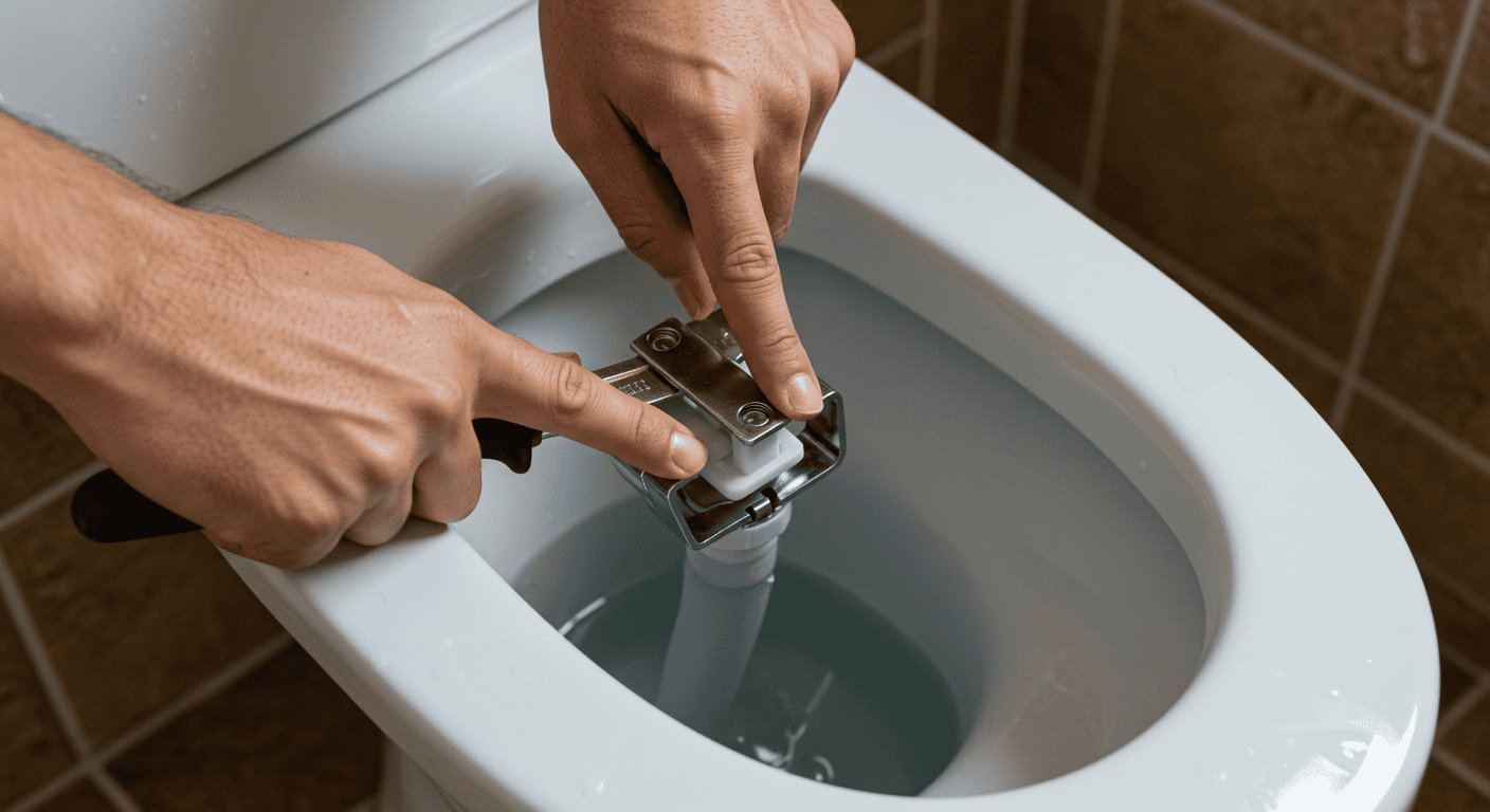 A close-up shot of a handyman's hands inside a toilet tank, pointing at a flapper, illustrating how to diagnose a running toilet problem.