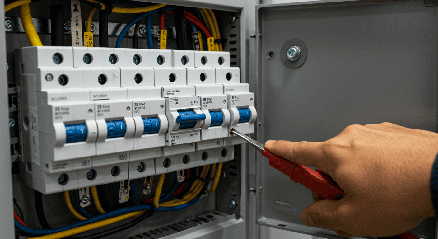 A close-up view of an open electrical service panel with multiple circuit breakers, some in the 'ON' position and one clearly 'tripped' to the 'OFF' or middle position. A hand, possibly a handyman's, is reaching to reset a breaker or inspect the panel.